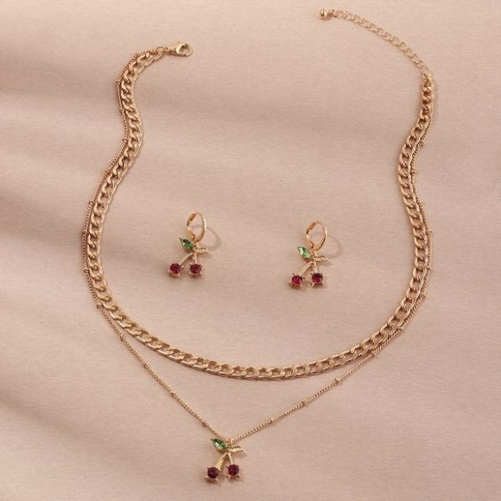 Cherry Double Necklace + Earrings Set